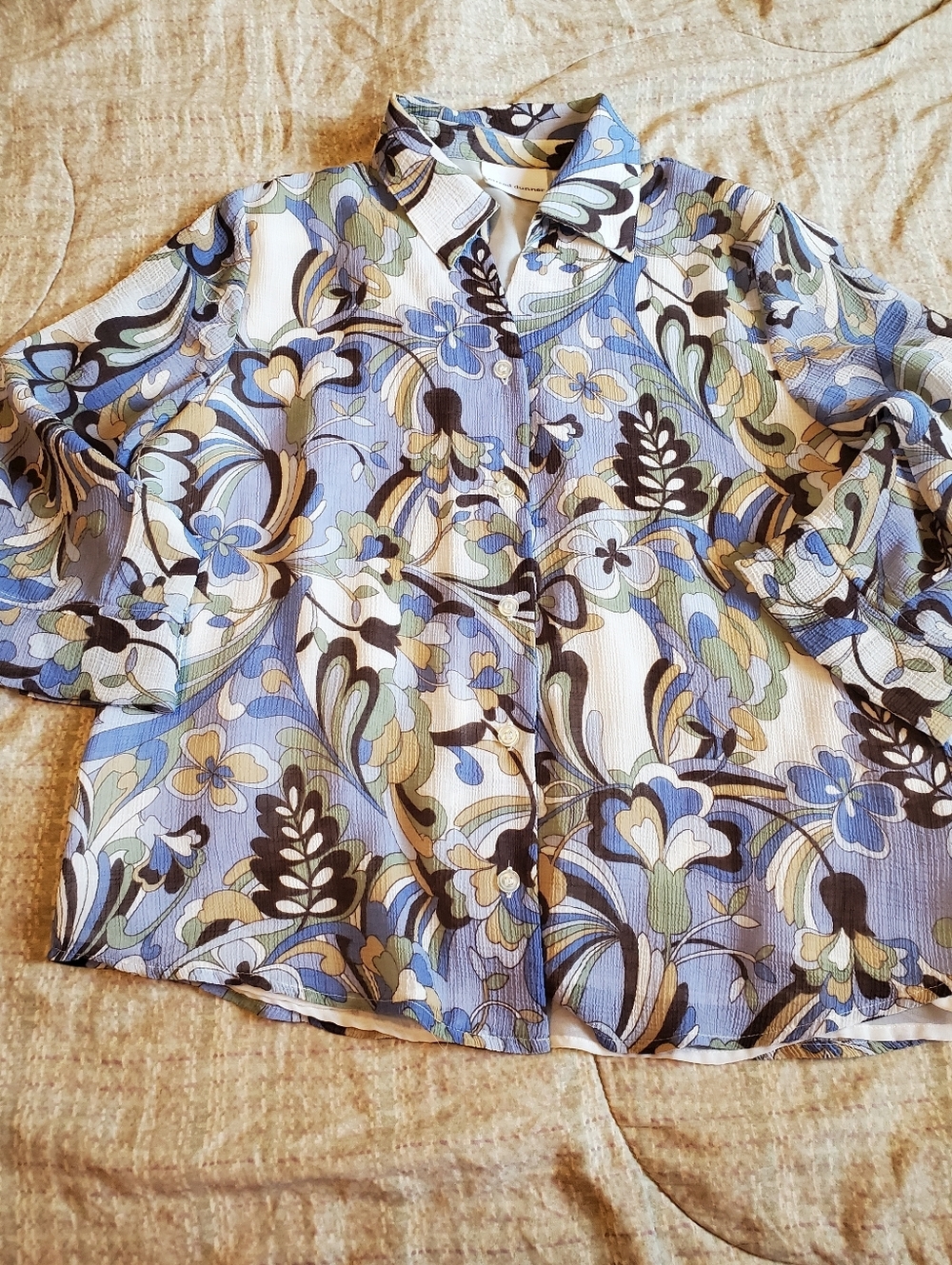 Alfred Dunner Womens Sheer Blouse Vintage Blue & Tan Floral Paisley Sz 14 - Picture 2 of 9